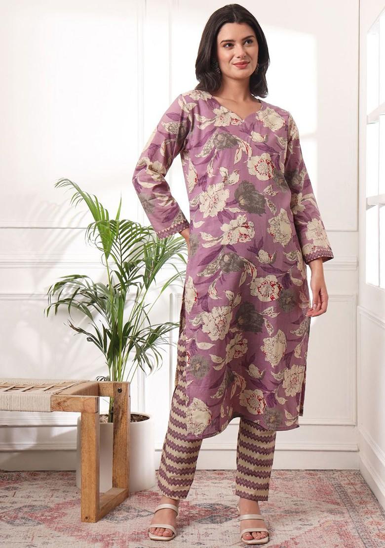 Purple Floral Print Cotton Kurta Set