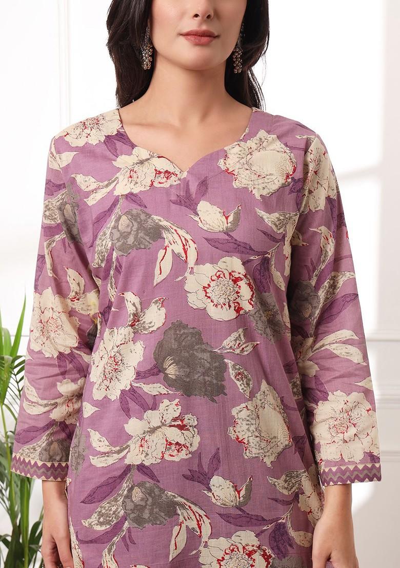 Purple Floral Print Cotton Kurta Set