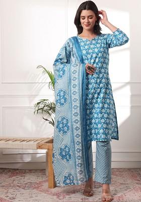 Blue Floral Print Cotton Kurta Set