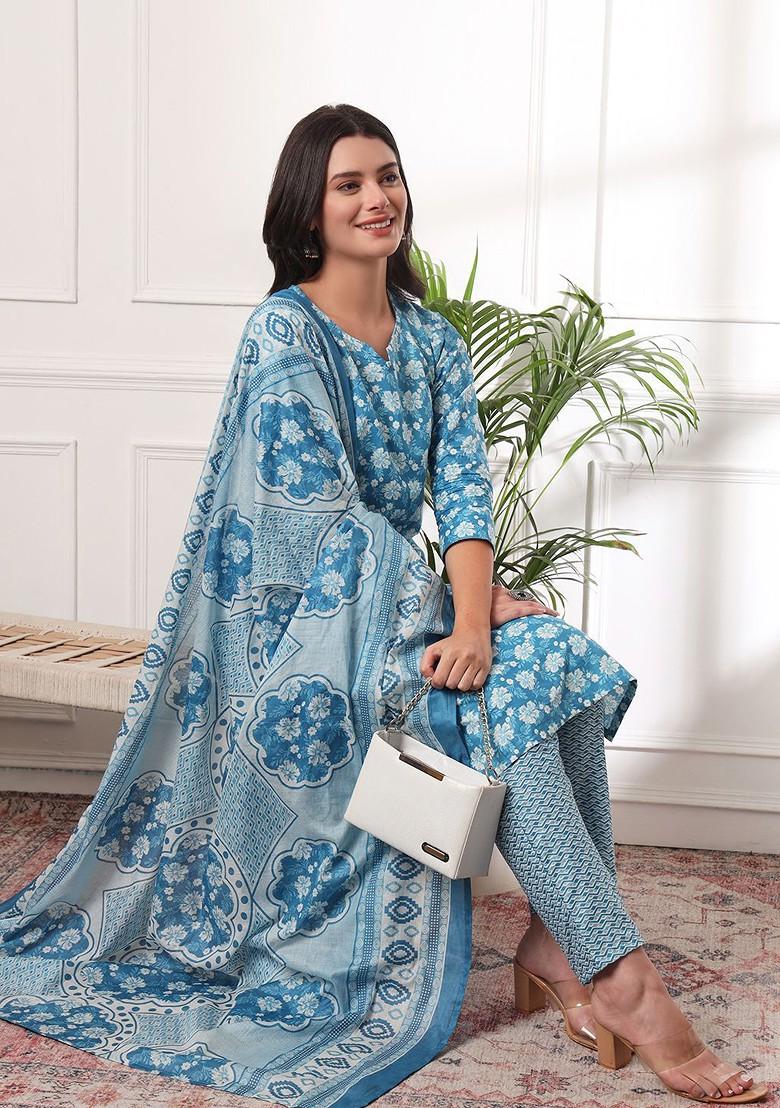 Blue Floral Print Cotton Kurta Set