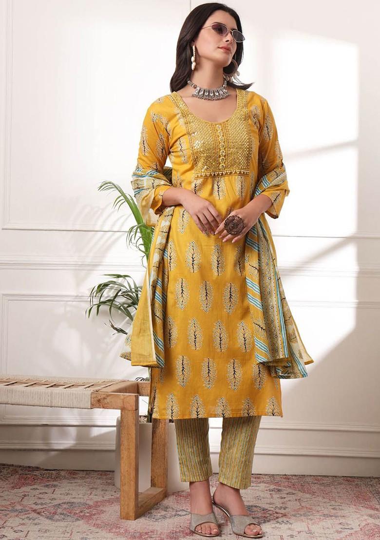 Yellow Floral Print Cotton Kurta Set