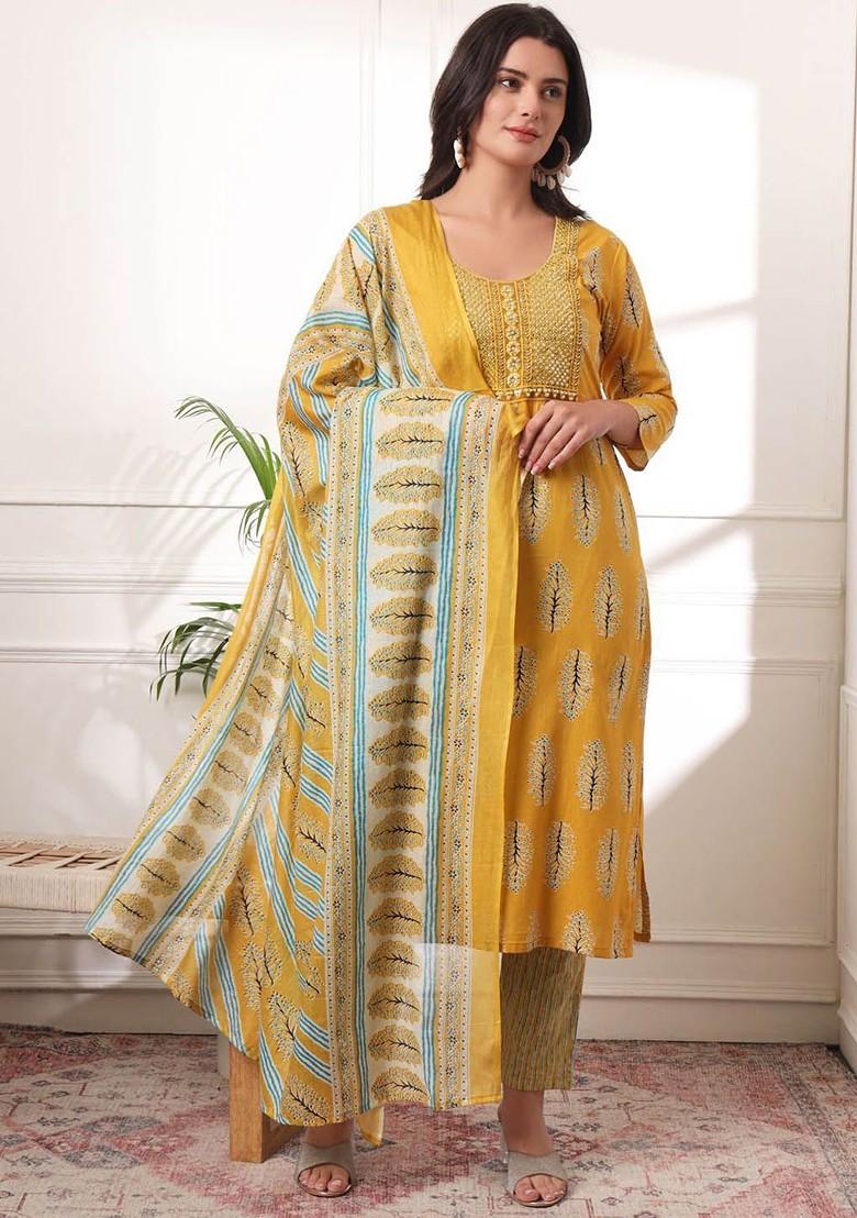 Yellow Floral Print Cotton Kurta Set