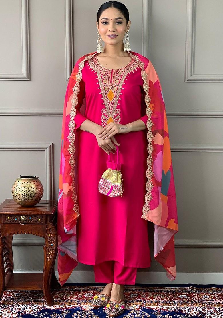 Pink Floral Embroidered Cotton Kurta Set