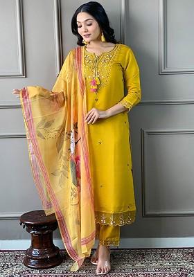 Yellow Ethnic Motifs Embroidery Silk Kurta Set