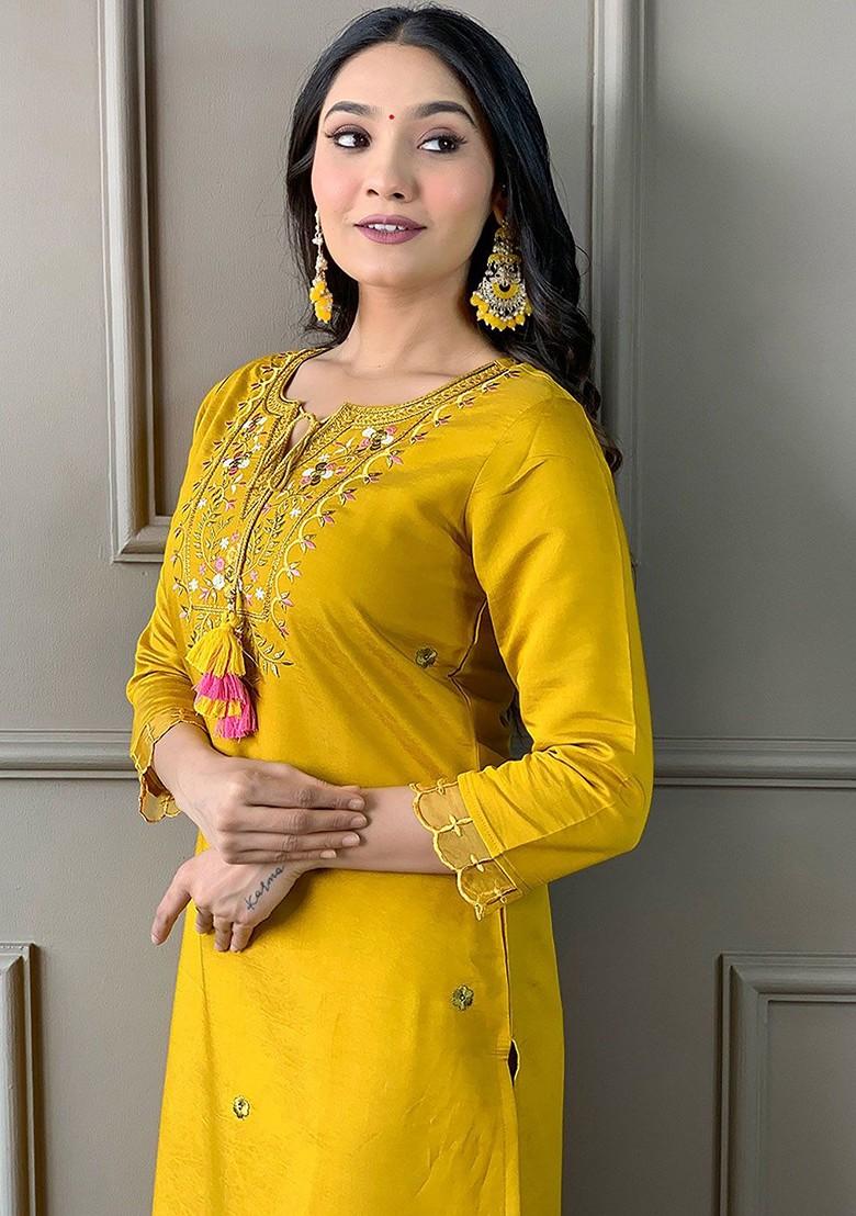 Yellow Ethnic Motifs Embroidery Silk Kurta Set