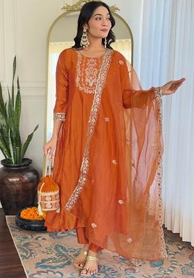 Orange Printed Poly Blend Kurta Set