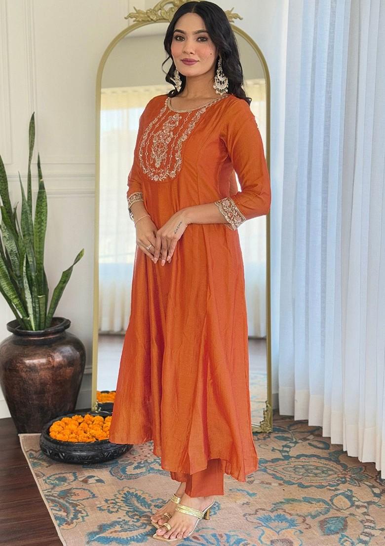 Orange Printed Poly Blend Kurta Set