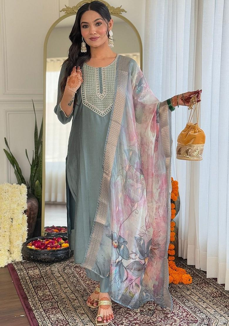 Grey Floral Embroidered Poly Blend Kurta Set