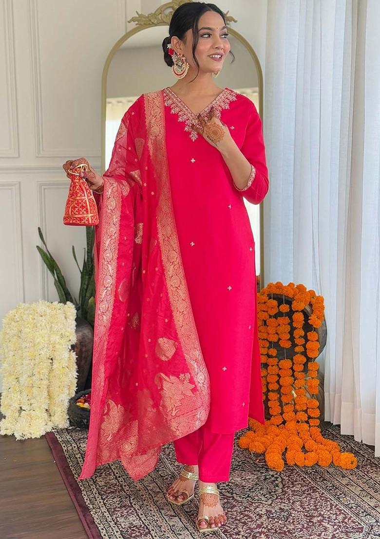 Pink Floral Embroidered Poly Blend Kurta Set