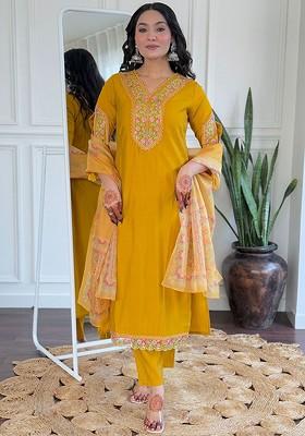 Mustard Floral Embroidered Poly Blend Kurta Set