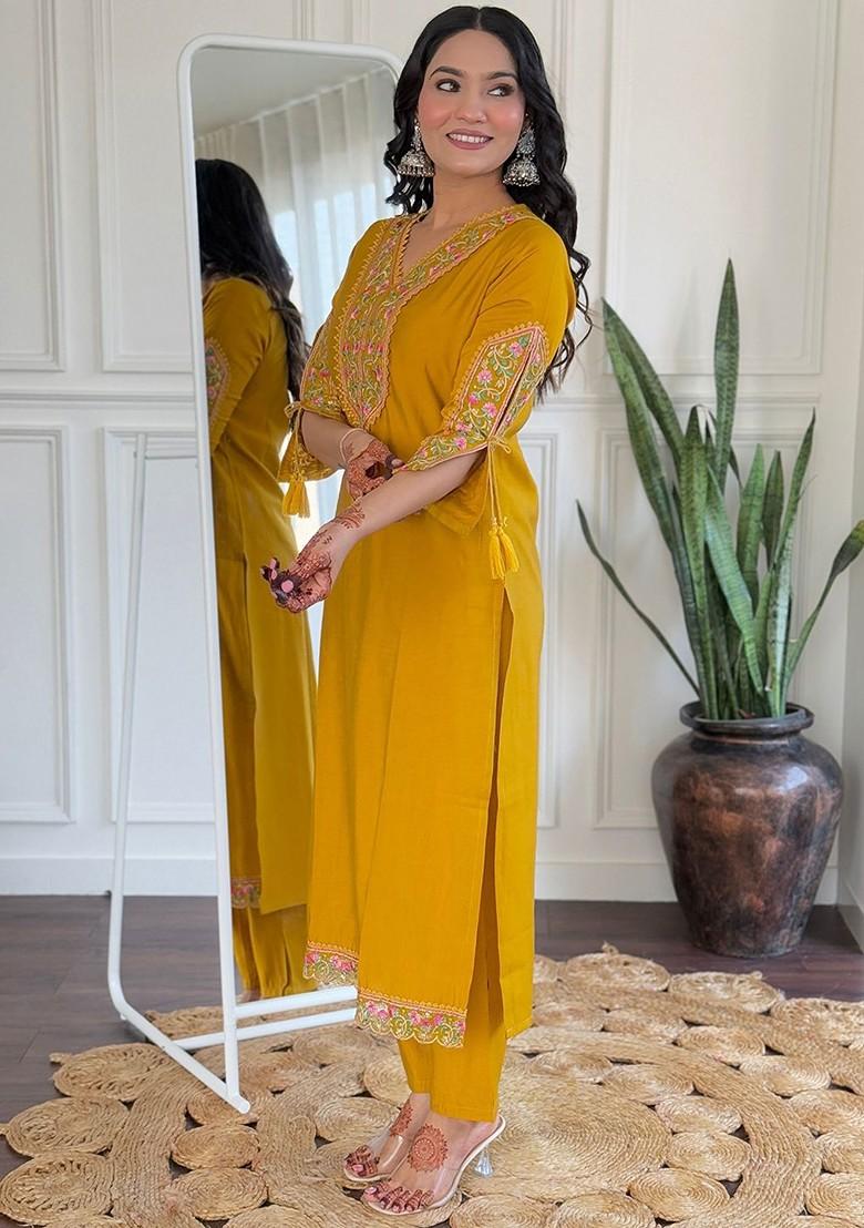 Mustard Floral Embroidered Poly Blend Kurta Set
