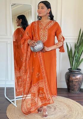 Orange Floral Embroidered Poly Blend Kurta Set