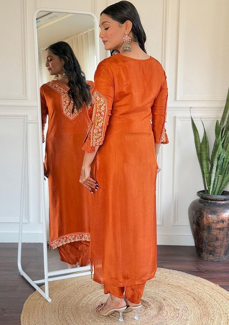 Orange Floral Embroidered Poly Blend Kurta Set