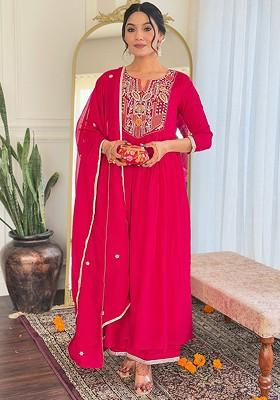 Pink Floral Embroidered Poly Blend Kurta Set