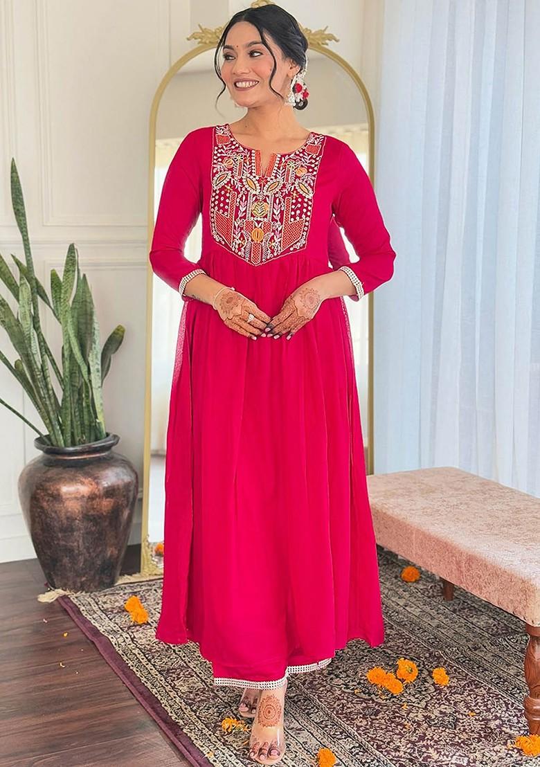 Pink Floral Embroidered Poly Blend Kurta Set