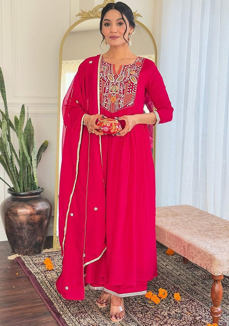Pink Floral Embroidered Poly Blend Kurta Set