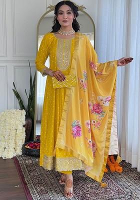 Yellow Floral Embroidered Poly Blend Kurta Set