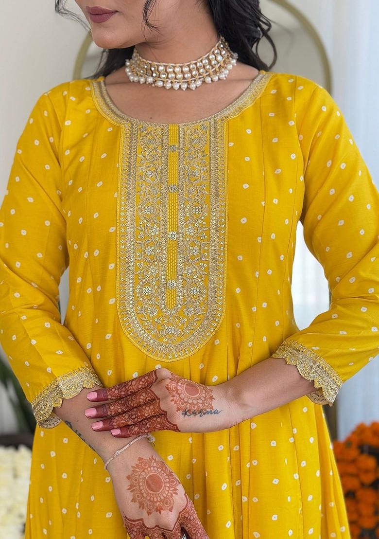 Yellow Floral Embroidered Poly Blend Kurta Set