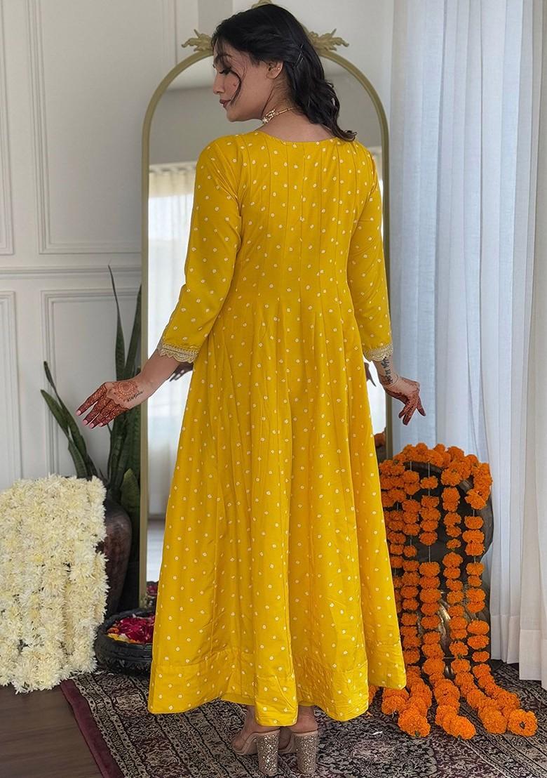 Yellow Floral Embroidered Poly Blend Kurta Set