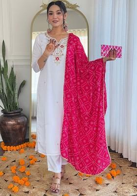 White Floral Embroidered Poly Blend Kurta Set