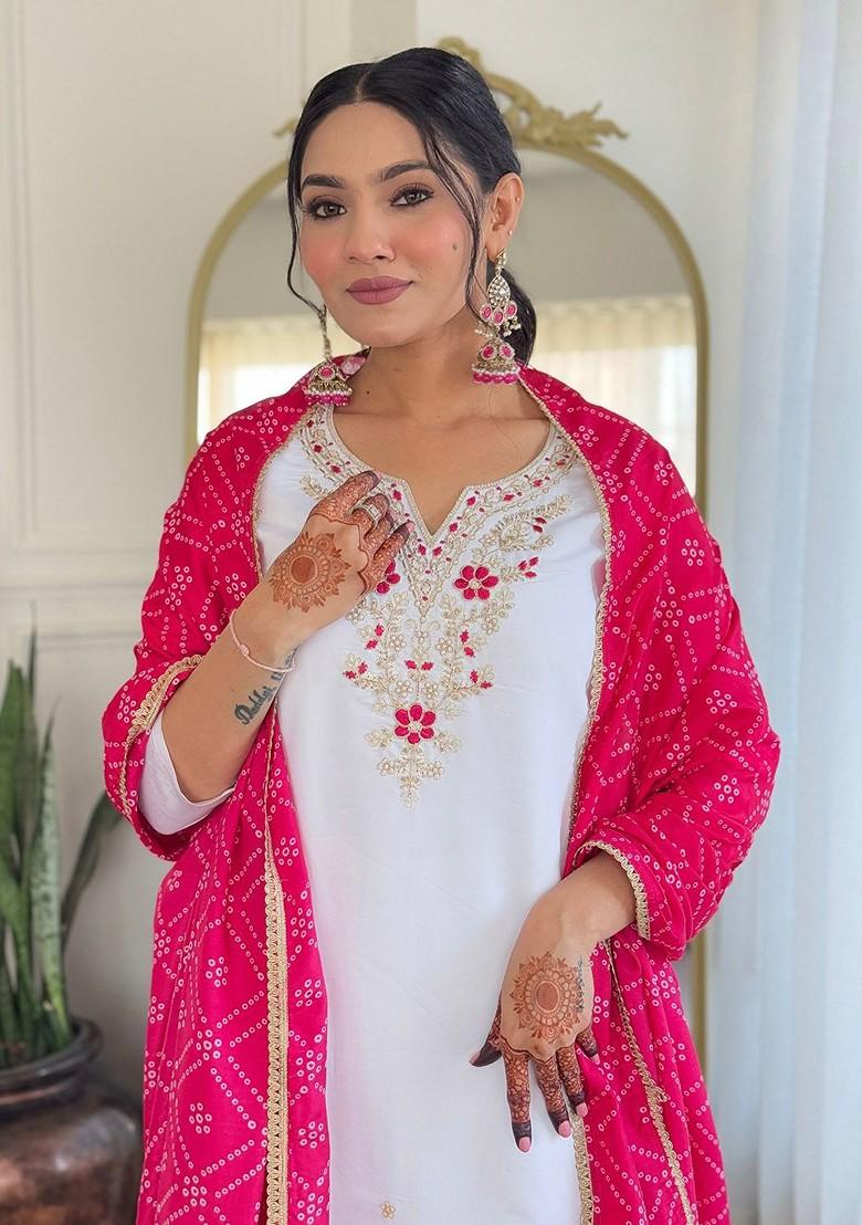 White Floral Embroidered Poly Blend Kurta Set