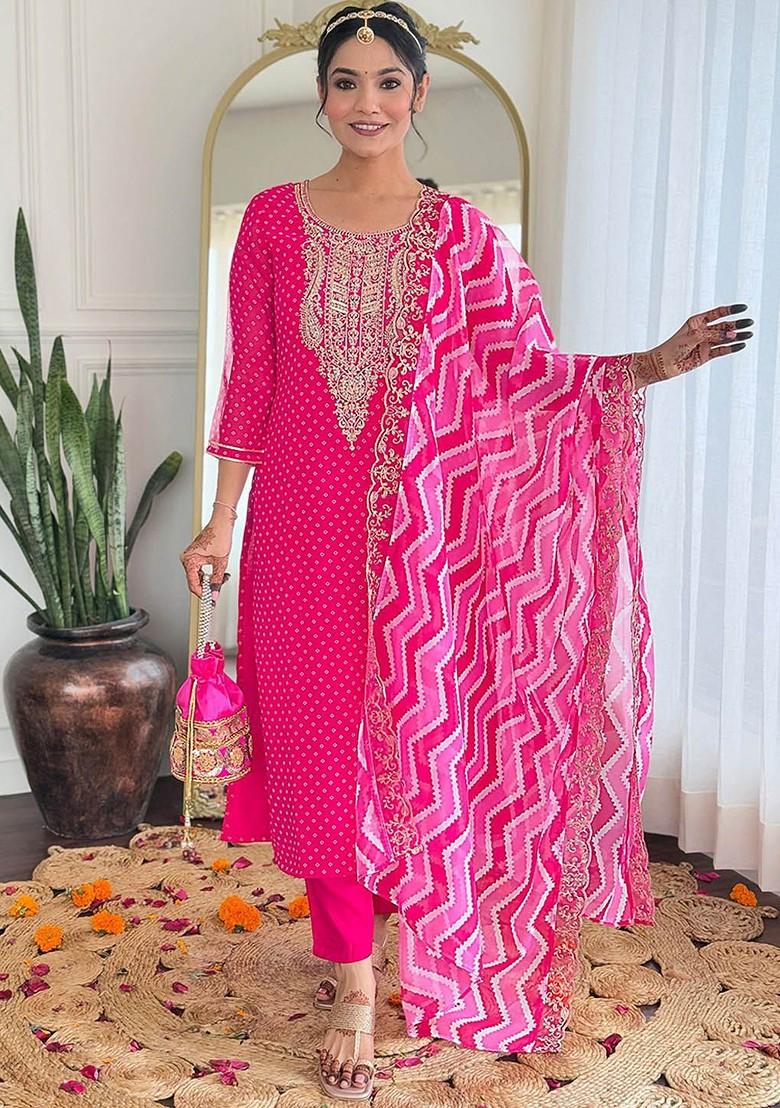 Pink Ethnic Motifs Embroidery Poly Blend Kurta Set