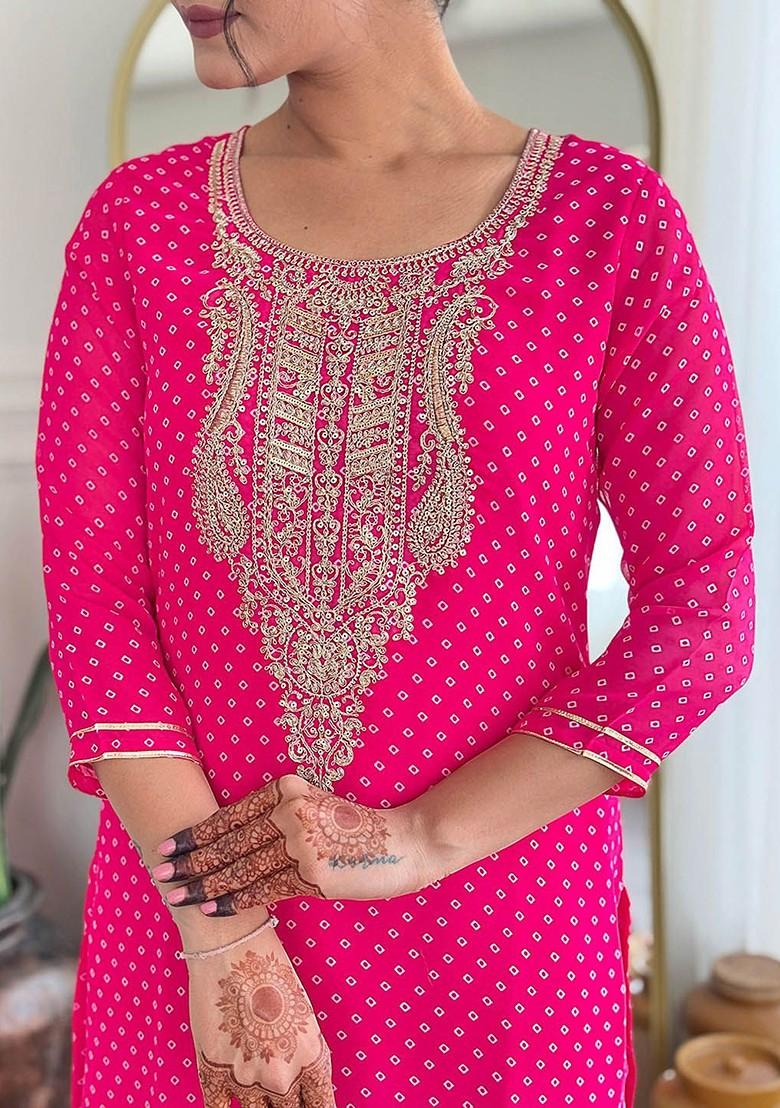 Pink Ethnic Motifs Embroidery Poly Blend Kurta Set