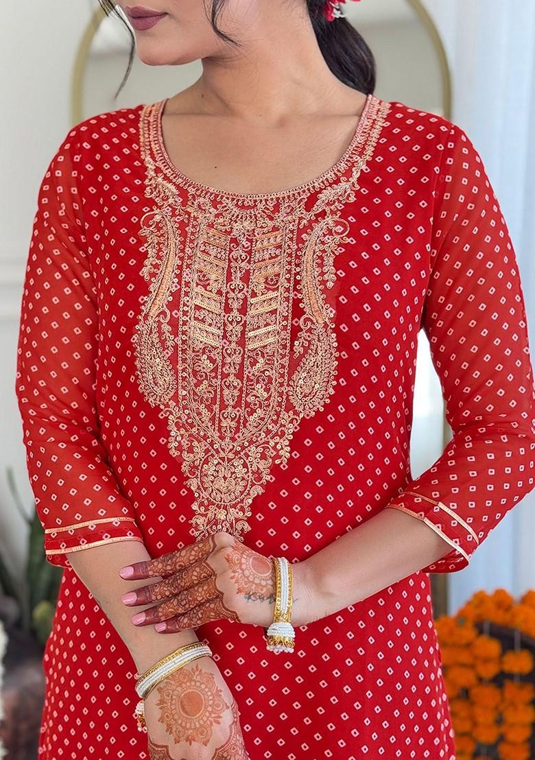 Red Printed Poly Blend Kurta Set