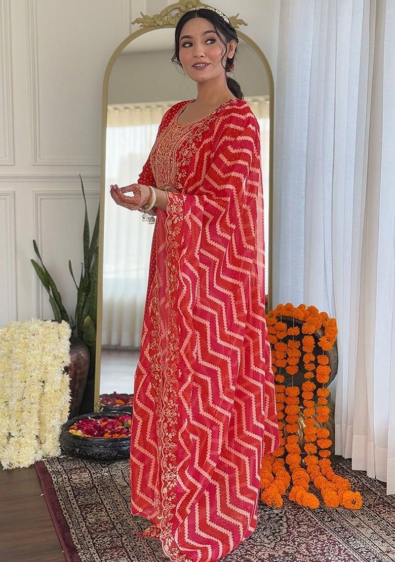 Red Printed Poly Blend Kurta Set