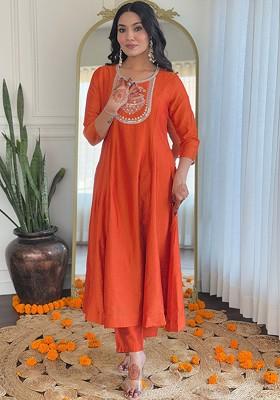 Orange Ethnic Motifs Embroidery Poly Blend Kurta Set