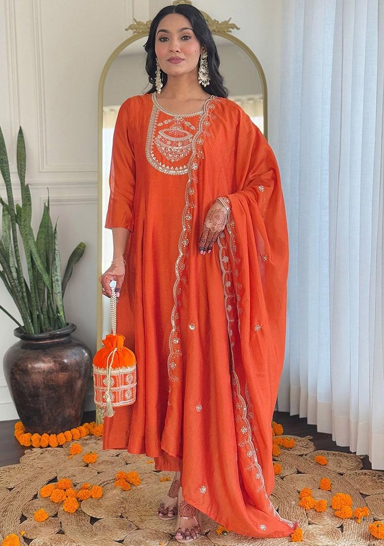 Orange Ethnic Motifs Embroidery Poly Blend Kurta Set