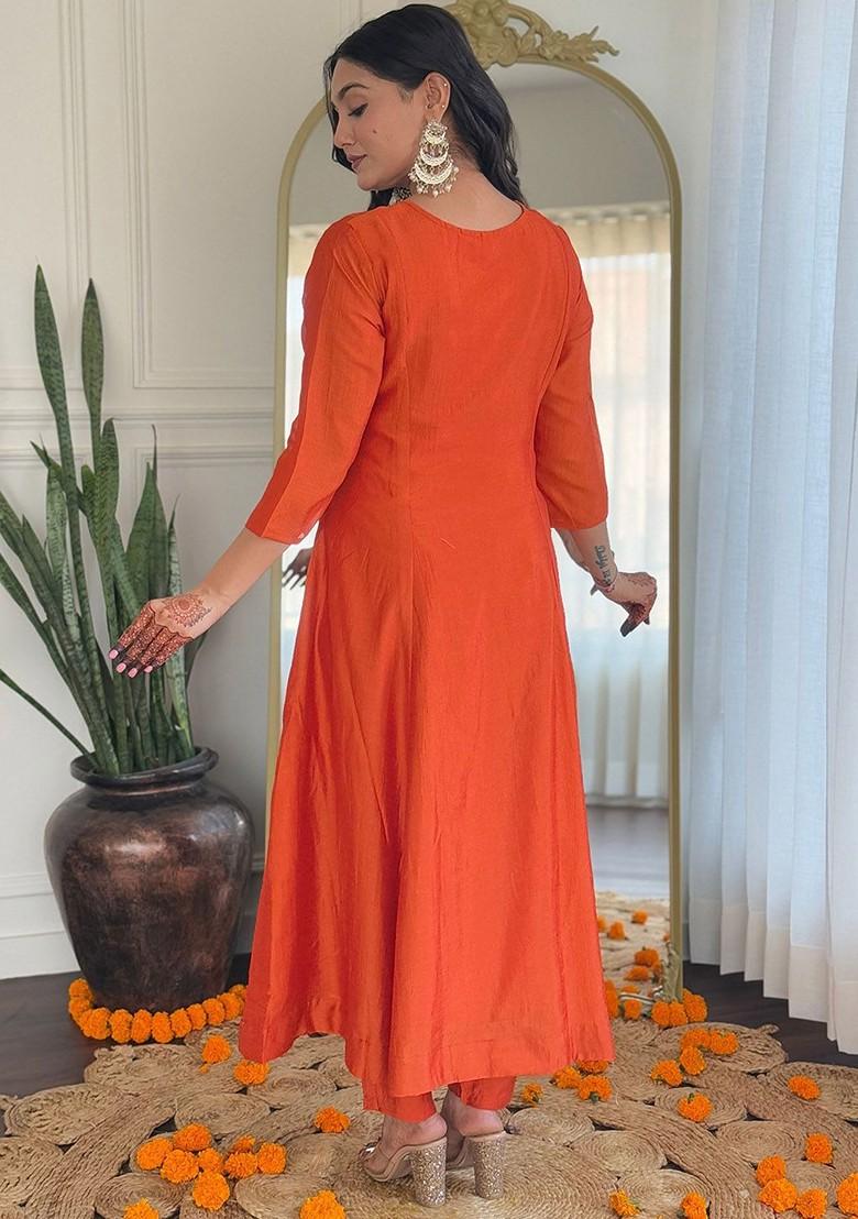 Orange Ethnic Motifs Embroidery Poly Blend Kurta Set