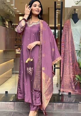 Purple Ethnic Motifs Embroidery Silk Kurta Set