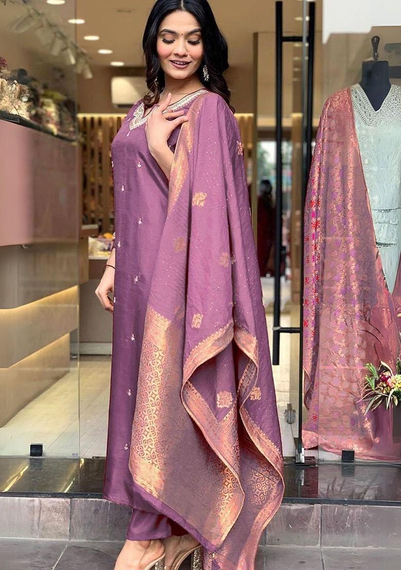 Purple Ethnic Motifs Embroidery Silk Kurta Set