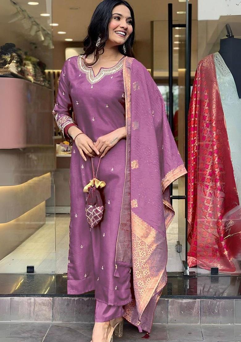 Purple Ethnic Motifs Embroidery Silk Kurta Set