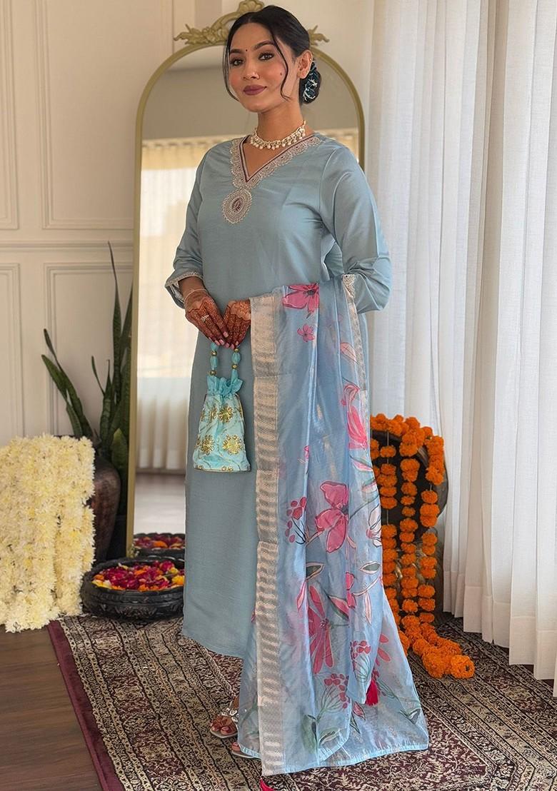 Grey Printed Poly Blend Kurta Set