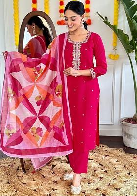 Pink Floral Embroidered Silk Kurta Set