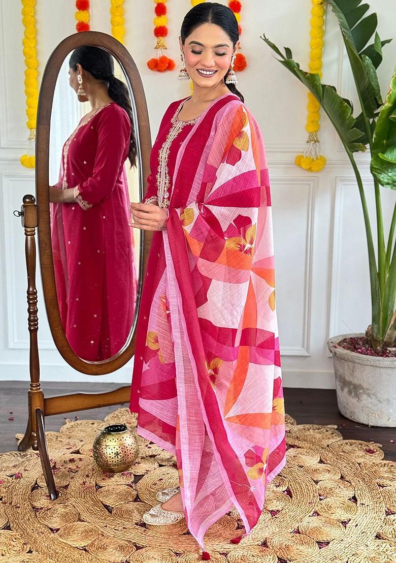 Pink Floral Embroidered Silk Kurta Set