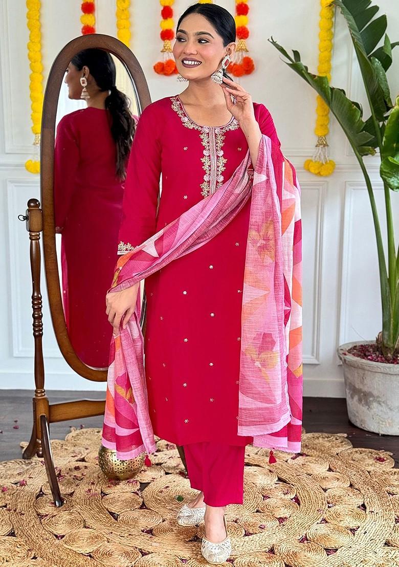 Pink Floral Embroidered Silk Kurta Set