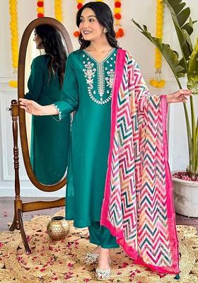 Turquoise Blue Floral Embroidered Silk Kurta Set