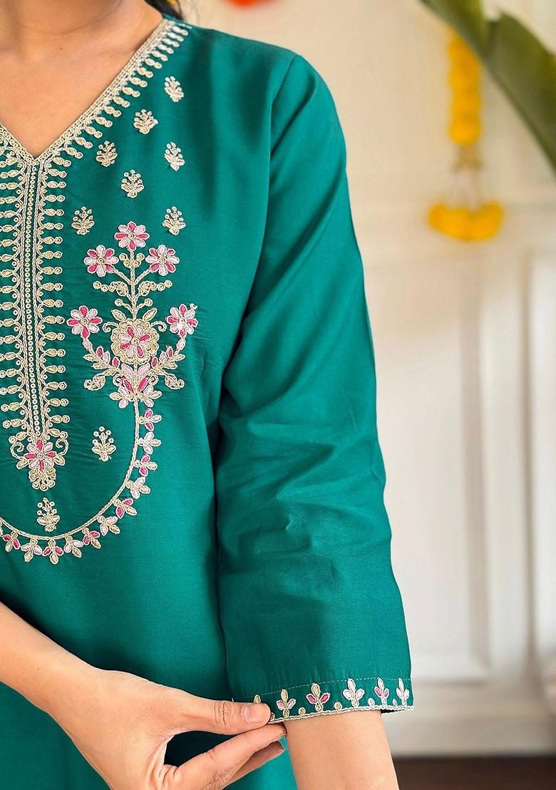 Turquoise Blue Floral Embroidered Silk Kurta Set