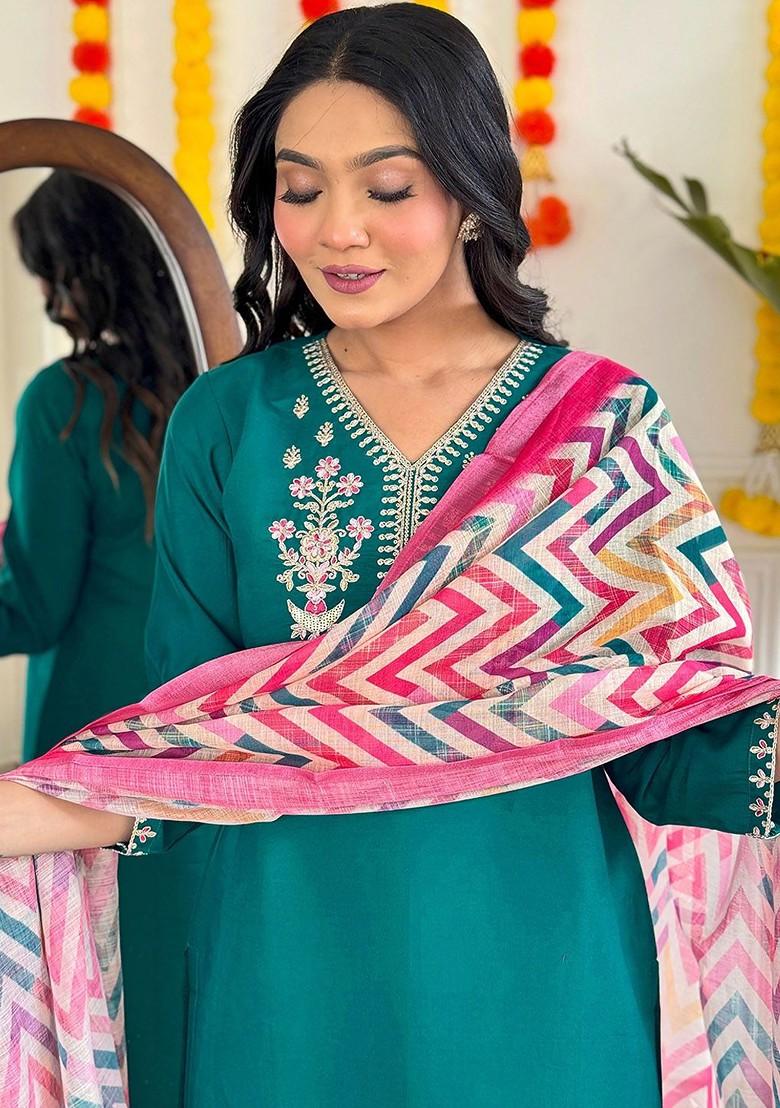 Turquoise Blue Floral Embroidered Silk Kurta Set