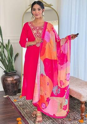 Pink Floral Embroidered Silk Kurta Set