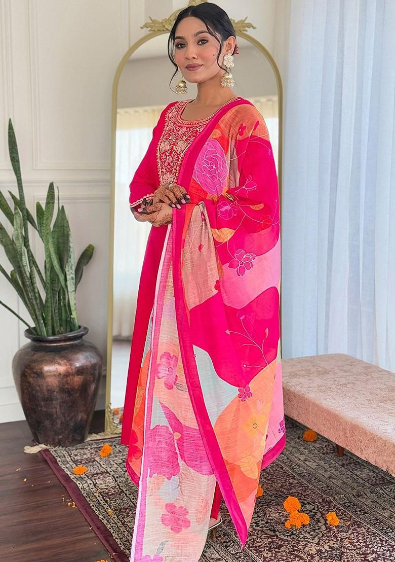 Pink Floral Embroidered Silk Kurta Set