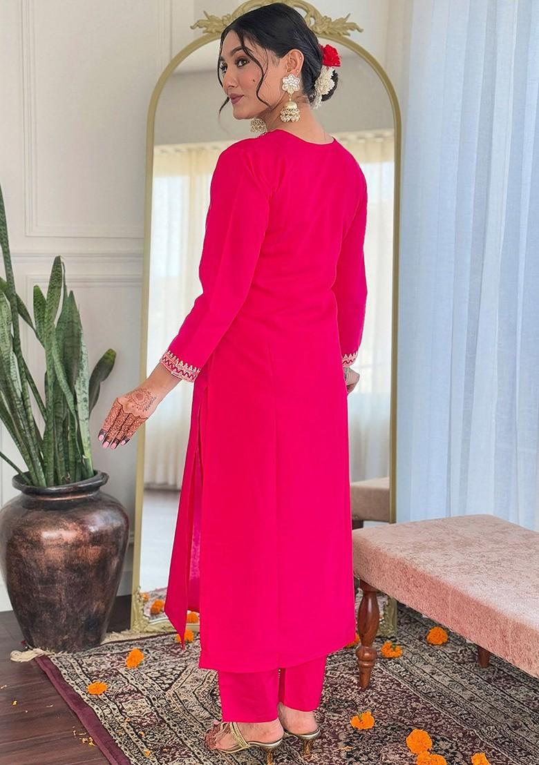 Pink Floral Embroidered Silk Kurta Set