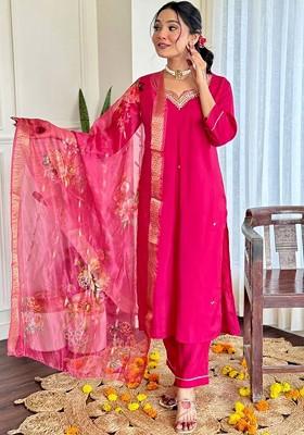 Pink Floral Embroidered Silk Kurta Set