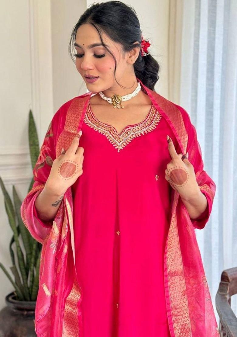 Pink Floral Embroidered Silk Kurta Set