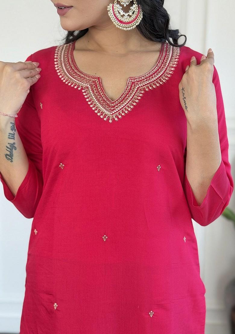 Pink Floral Embroidered Silk Kurta Set