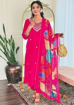 Pink Ethnic Motifs Embroidery Silk Kurta Set