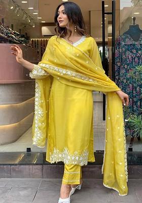 Yellow Floral Embroidered Poly Blend Kurta Set